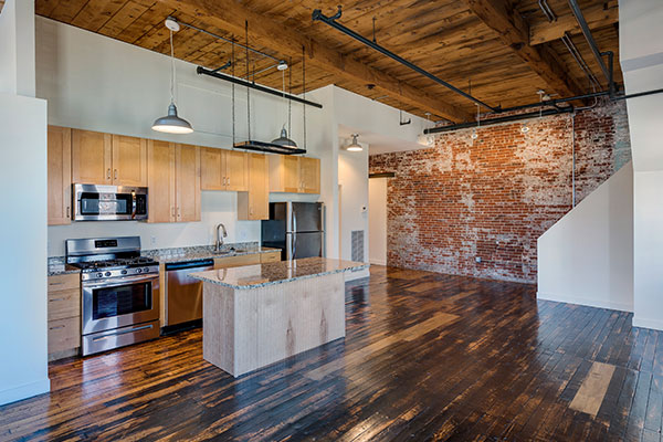Kitchen living and dining area at Pearl Street Lofts
